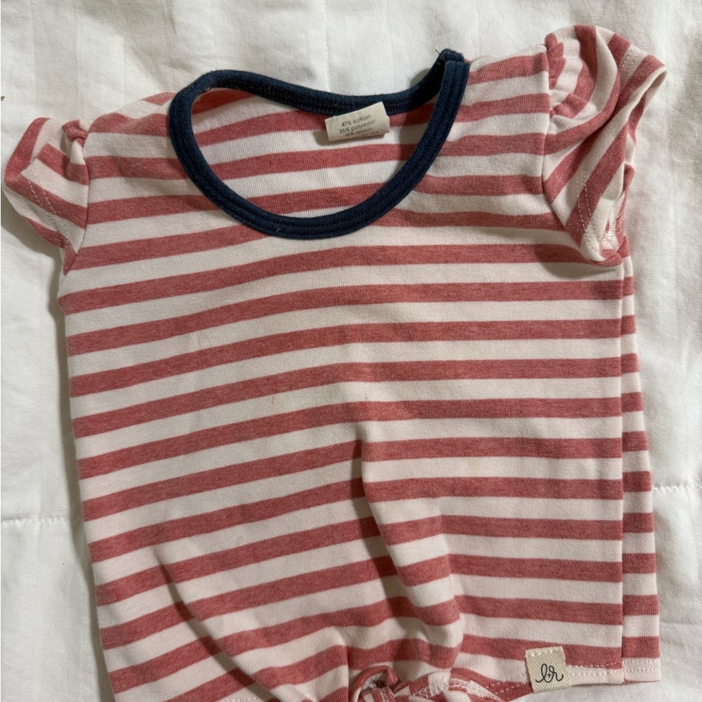 Red and White Striped Short Sleeve Tee with Navy Accents